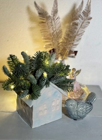 Хвойная композиция в керамическом домике от интернет-магазина цветов в 